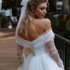 Simple Tulle Long Sleevees Wedding Dresses 2023 For Bridal Off Shoulder Backless A-Line Sweep Train Boho Vestido De Novia-payinti