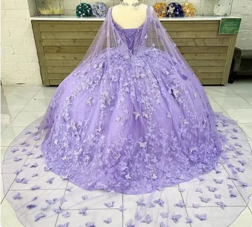 Lujoso vestido de fiesta lavanda con mariposas, vestido de quinceañera Y6755