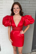 Rotes Satin-Heimkehrkleid mit Puffärmeln, Rotes Partykleid Y2296