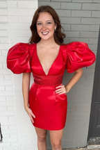 Rotes Satin-Heimkehrkleid mit Puffärmeln, Rotes Partykleid Y2296