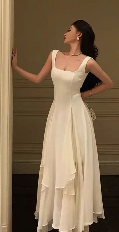 Weißes asymmetrisches A-Linien-Abendkleid mit quadratischem Ausschnitt, langes Y2786