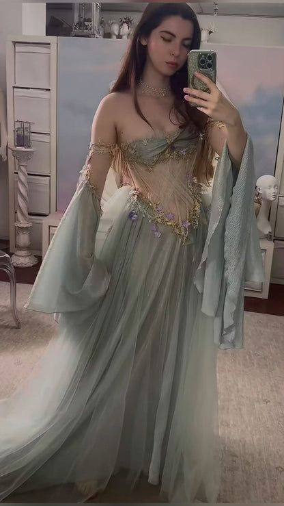 Elegantes schulterfreies Abendkleid mit Tüllapplikationen in A-Linie, langes Ballkleid Y8184