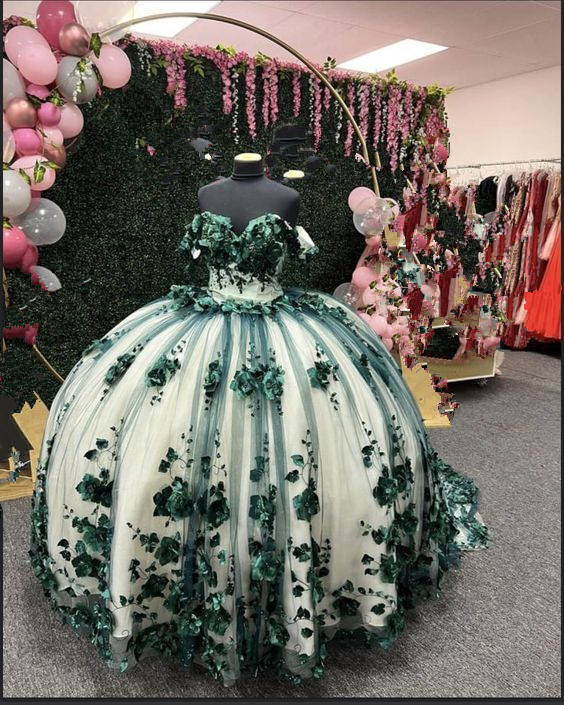 Vestido de quinceañera verde con hombros descubiertos, flores 3D, cuentas y apliques, para fiesta de quinceañera, graduación, Y292