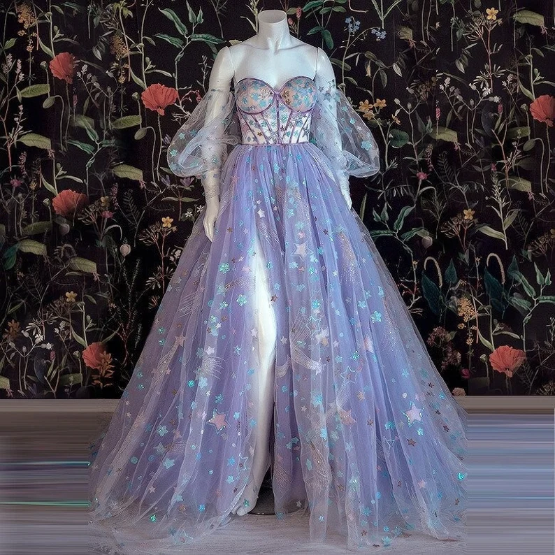 Schönes hellviolettes Tüllkleid mit Blumenmuster, schulterfrei, herzförmiger Ausschnitt, A-Linie, Abendkleider mit Schlitz, Startapplikation, langes Kleid Y932
