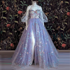 Schönes hellviolettes Tüllkleid mit Blumenmuster, schulterfrei, herzförmiger Ausschnitt, A-Linie, Abendkleider mit Schlitz, Startapplikation, langes Kleid Y932