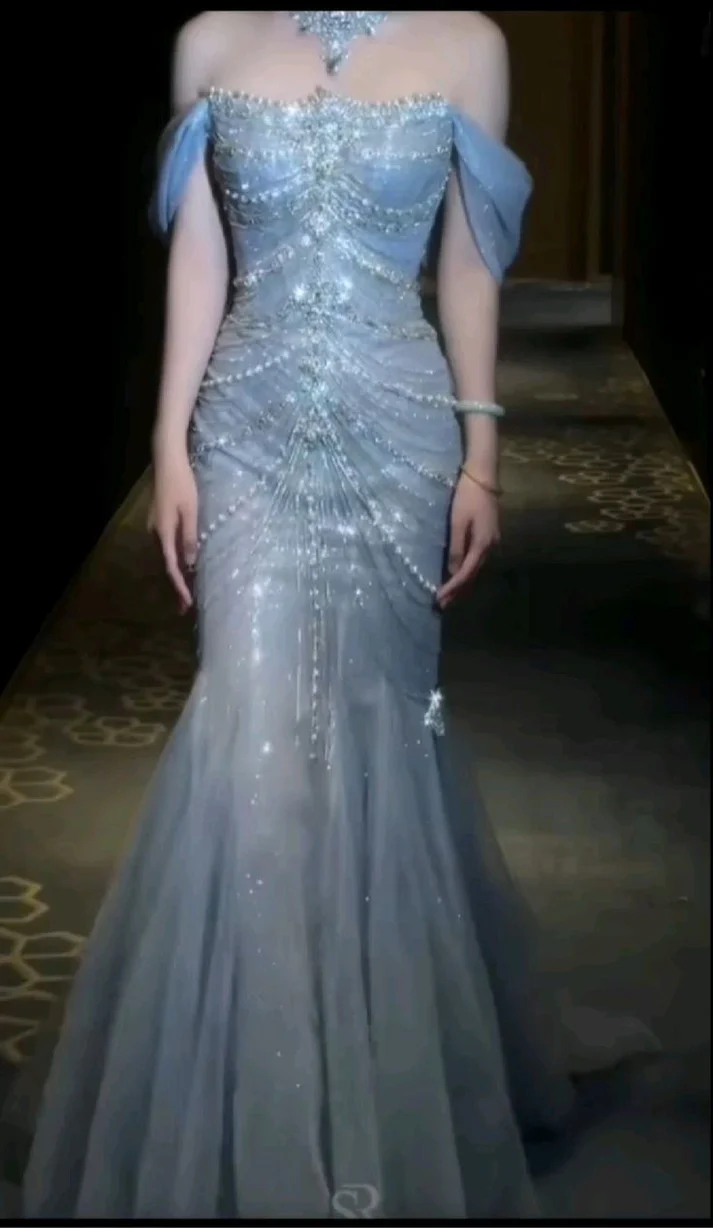 Precioso vestido de novia de tul azul con cuentas y hombros descubiertos, vestido de noche estilo sirena Y8058
