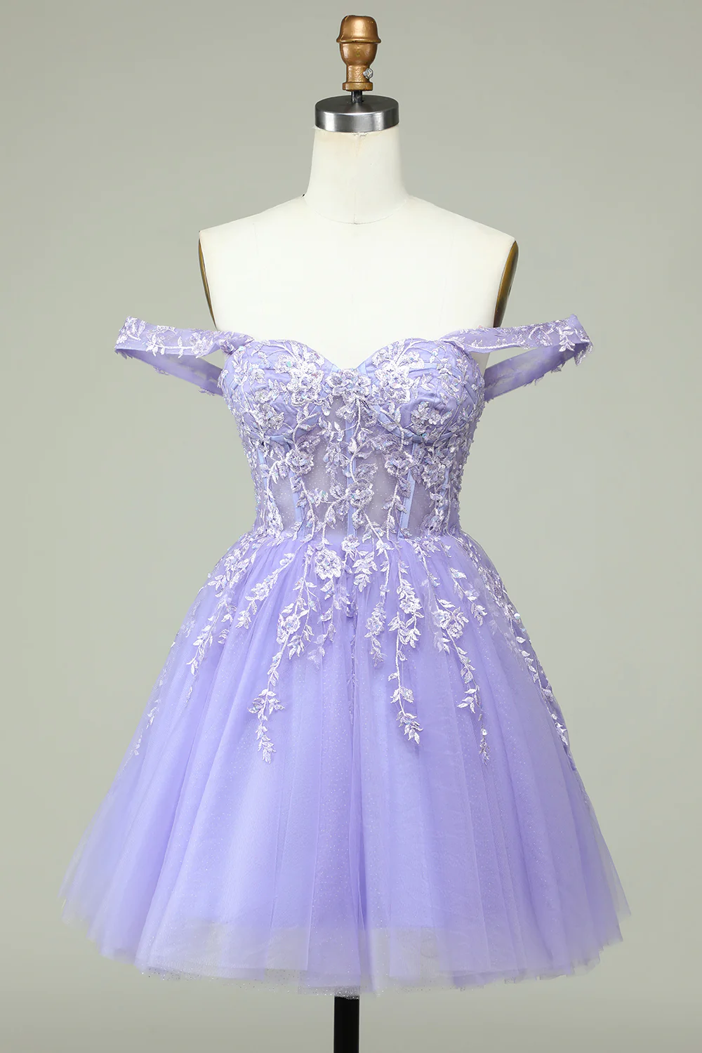 Vestido de fiesta con corsé lila, corte en A, hombros descubiertos y apliques Y2168