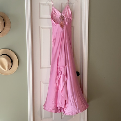 Wunderschönes rosa Spaghettiträger Satin Perlen Abendkleid Langes Ballkleid Y8216