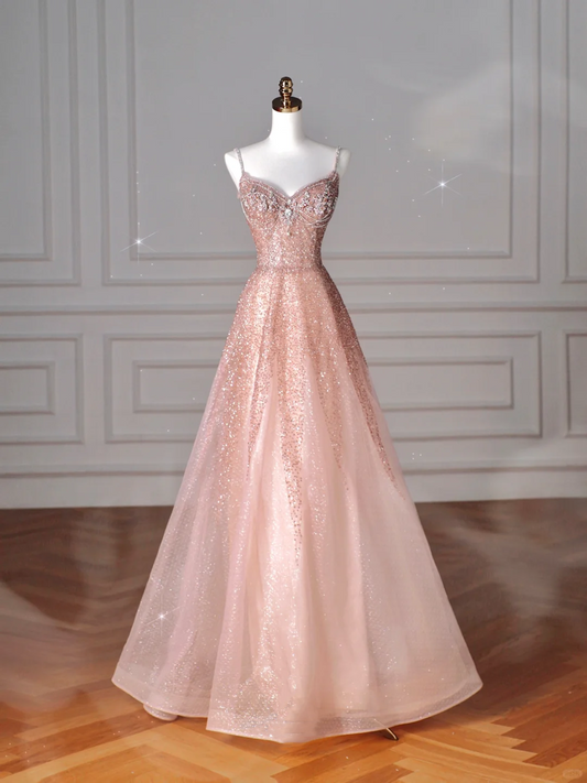 Vestido de fiesta de tul rosa brillante con lentejuelas y cuentas, tirantes finos, corte en A, Y8619
