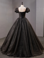 Schwarzes langes Ballkleid aus Tüll mit quadratischem Ausschnitt, glänzendes schwarzes Abendkleid Y4386
