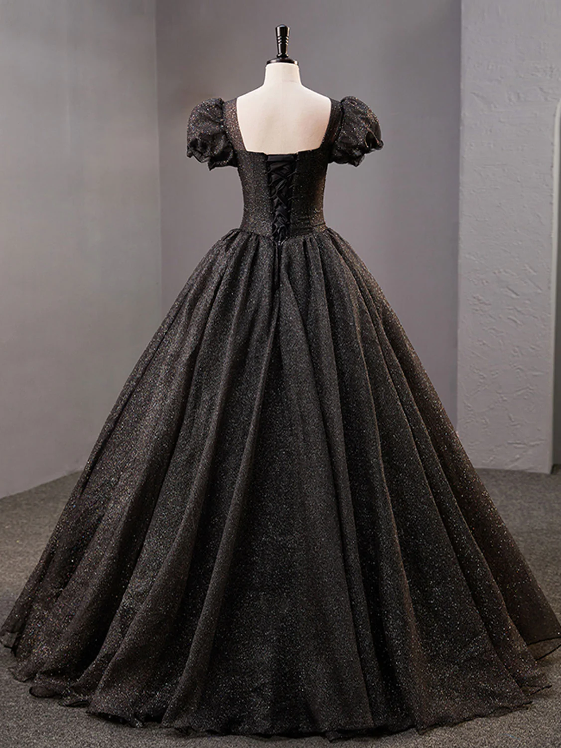 Schwarzes langes Ballkleid aus Tüll mit quadratischem Ausschnitt, glänzendes schwarzes Abendkleid Y4386