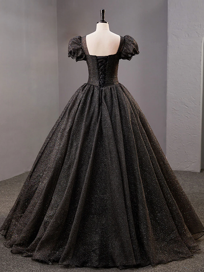 Schwarzes langes Ballkleid aus Tüll mit quadratischem Ausschnitt, glänzendes schwarzes Abendkleid Y4386
