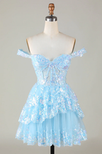 Sparkly Blue Corset Tiered Lace A-Line Short Homecoming Dress Y4083