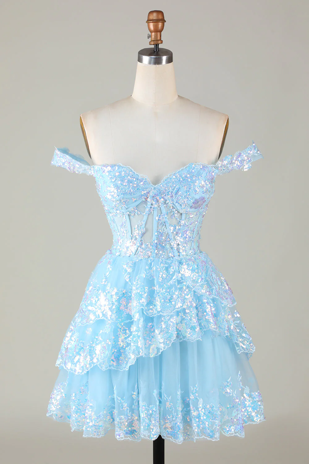 Funkelndes blaues A-Linien-Korsett-Kurzes Homecoming-Kleid aus gestufter Spitze Y4083