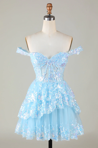 Funkelndes blaues A-Linien-Korsett-Kurzes Homecoming-Kleid aus gestufter Spitze Y4083