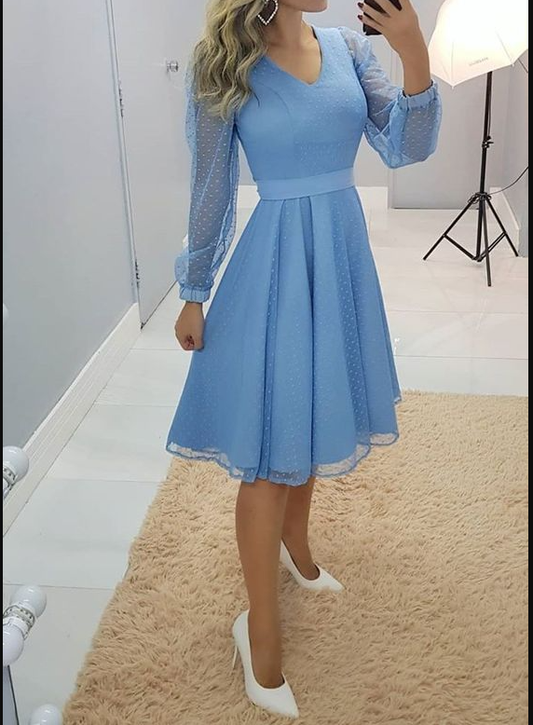A-line Blue Long Sleeves Party Dress Blue Homecoming Dress Y6045