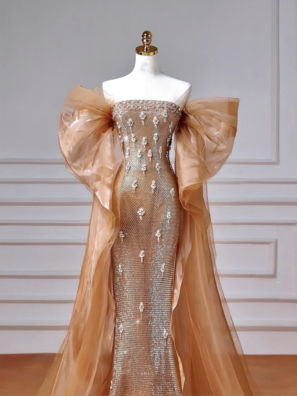Luxus Off The Shoulder Tüll Perlen Ballkleid Langes Meerjungfrau Abendkleid Y8610