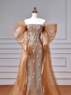 Luxus Off The Shoulder Tüll Perlen Ballkleid Langes Meerjungfrau Abendkleid Y8610
