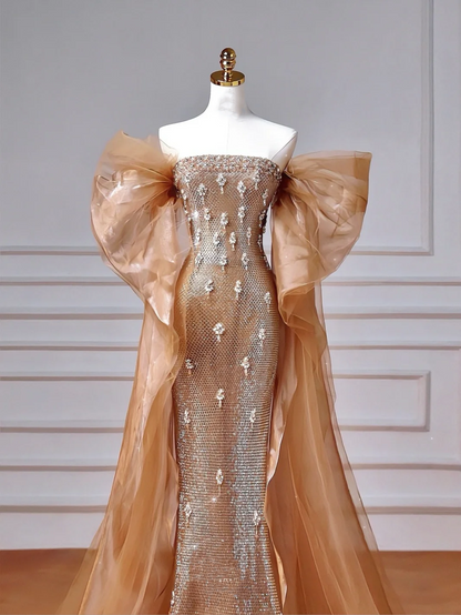 Vestido de fiesta de lujo con hombros descubiertos de tul y cuentas, vestido de noche largo estilo sirena Y8610