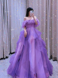 Schulterfreies Lila A-Linie Tüll Abendkleid,Prinzessinnenkleid Y5627