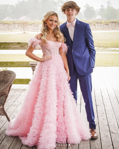 Vestido de fiesta de tul rosa con volantes y corsé, vestido de noche de tul Y6093