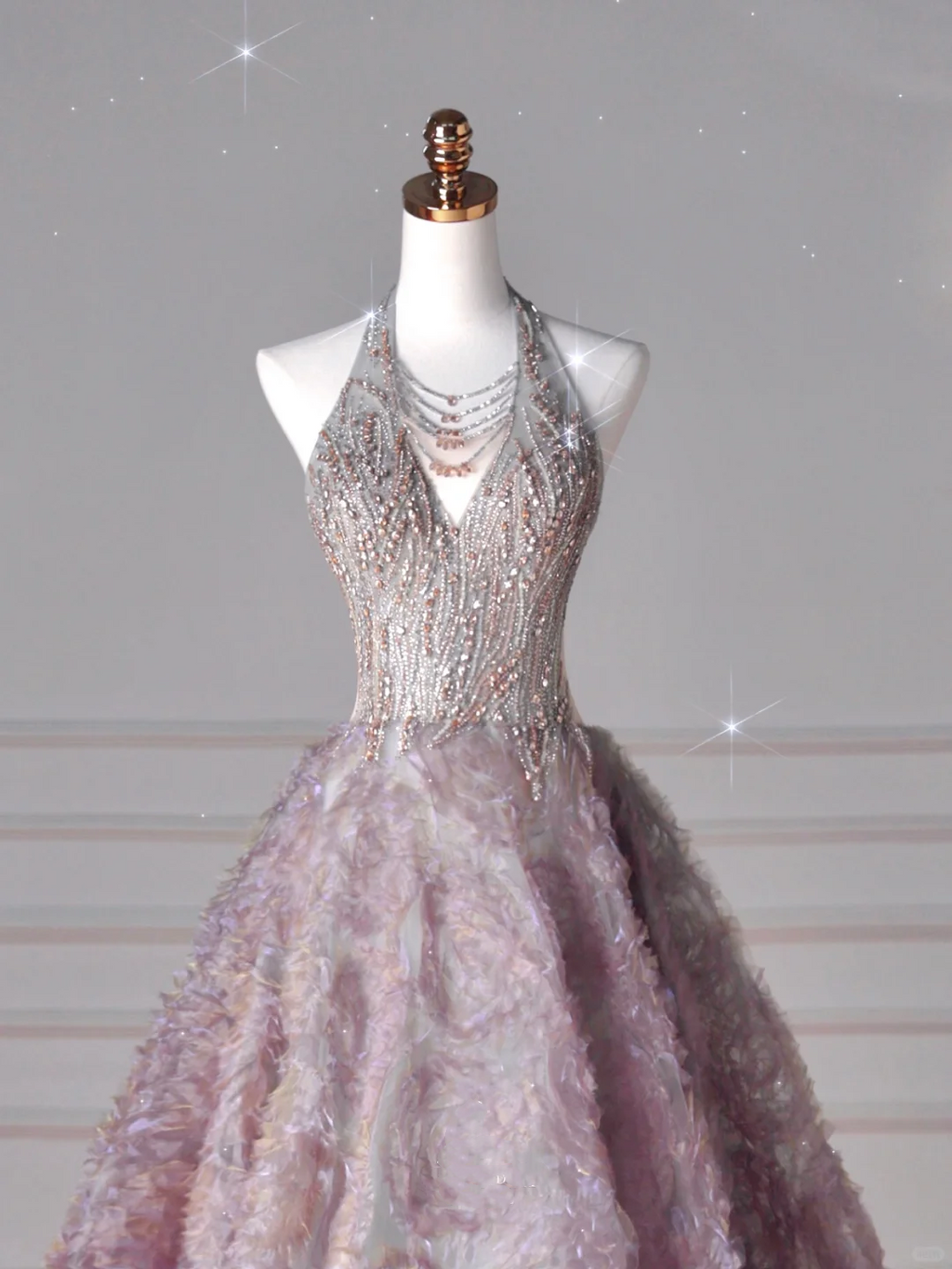 Glamouröses Neckholder Lila Tüll Blumen Perlen Ballkleid, A-Linie Abendkleid Brautkleid Y8625