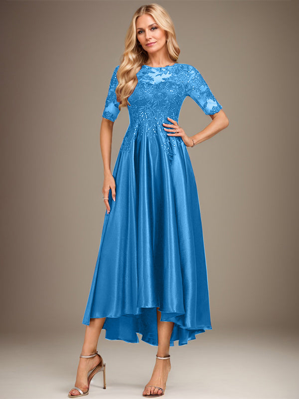 Vestido de madre de la novia de encaje satinado elástico asimétrico con ilusión de escote redondo y lentejuelas
