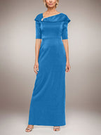 Vestido largo de columna brillante con puños doblados, escote en L y mangas hasta el codo