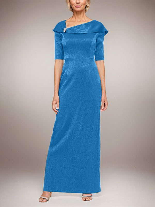 Vestido largo de columna brillante con puños doblados, escote en L y mangas hasta el codo