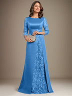 Vestido de madre de la novia de satén con encaje, corte A, largo hasta el suelo y apliques
