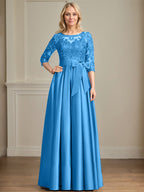 Vestido de madre de la novia de satén con encaje, corte A, escote ilusión, largo hasta el suelo, con lazo de lentejuelas