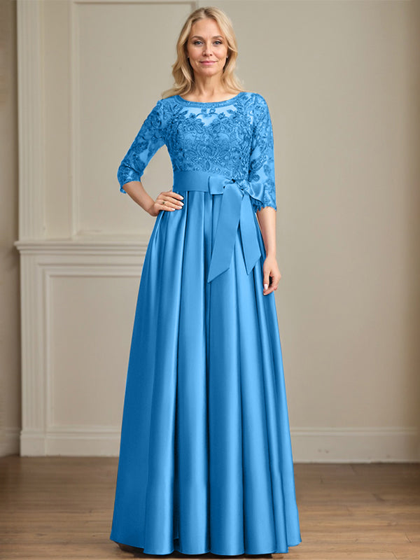 Vestido de madre de la novia de satén con encaje, corte A, escote ilusión, largo hasta el suelo, con lazo de lentejuelas