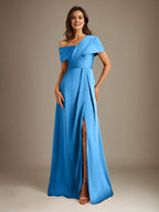 A-Linie Asymmetrischer Ausschnitt Bodenlanges Satinkleid für die Brautmutter mit Plissee 