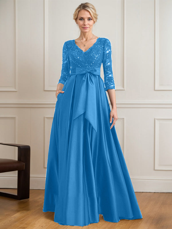 Vestido de madre de la novia de satén con encaje, escote en V y largo hasta el suelo con lazo de lentejuelas