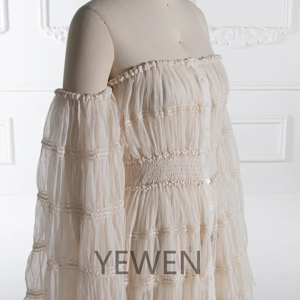 Off Shoulder Chiffon Long Sleeves Boho Beach Photoshoot Outfit Photo Shoot Dress Maternity Gown for Photography Sunnderly SY240062