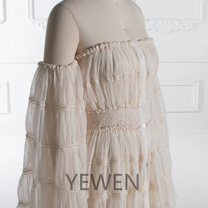 Off Shoulder Chiffon Long Sleeves Boho Beach Photoshoot Outfit Photo Shoot Dress Maternity Gown for Photography Sunnderly SY240062