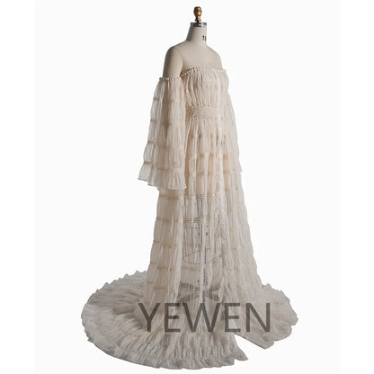 Off Shoulder Chiffon Long Sleeves Boho Beach Photoshoot Outfit Photo Shoot Dress Maternity Gown for Photography Sunnderly SY240062