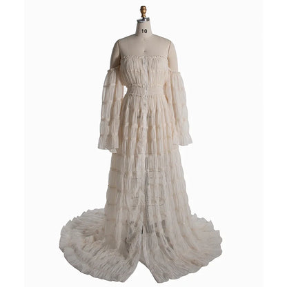 Off Shoulder Chiffon Long Sleeves Boho Beach Photoshoot Outfit Photo Shoot Dress Maternity Gown for Photography Sunnderly SY240062