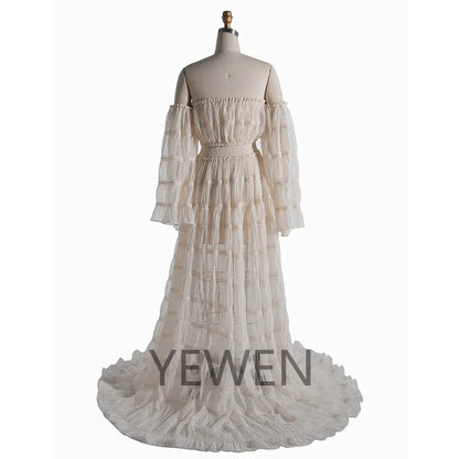 Off Shoulder Chiffon Long Sleeves Boho Beach Photoshoot Outfit Photo Shoot Dress Maternity Gown for Photography Sunnderly SY240062