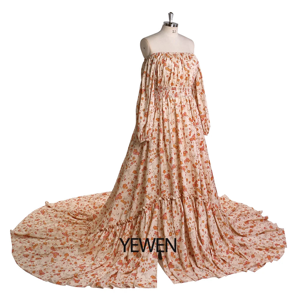Off Shoulder Floral Print Cotton Fabric Boho Woman Maxi Photography Dress Maternity Photo Shoots Gowns SY21812