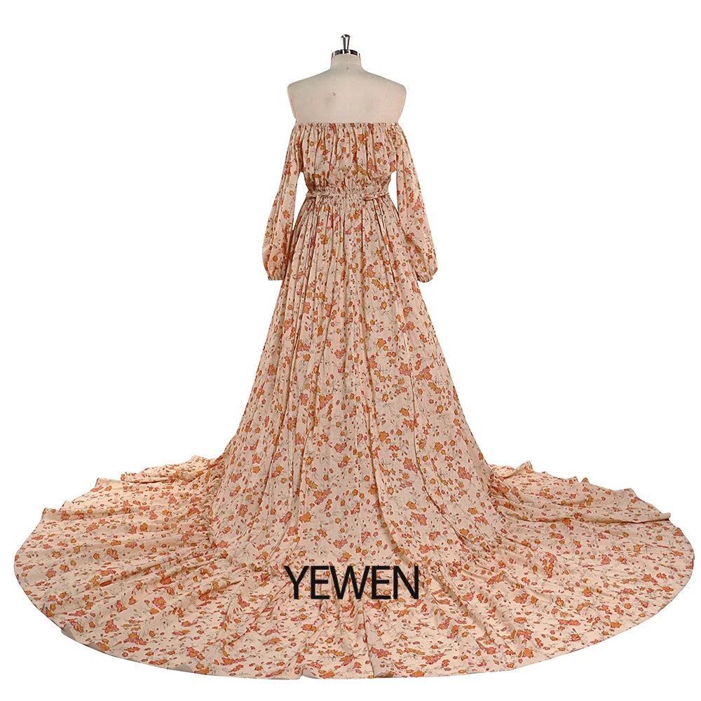 Off Shoulder Floral Print Cotton Fabric Boho Woman Maxi Photography Dress Maternity Photo Shoots Gowns SY21812