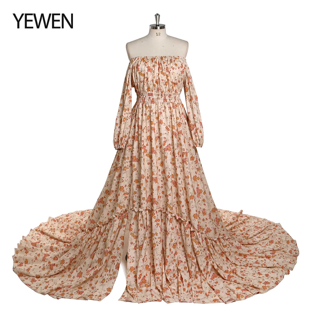 Off Shoulder Floral Print Cotton Fabric Boho Woman Maxi Photography Dress Maternity Photo Shoots Gowns SY21812