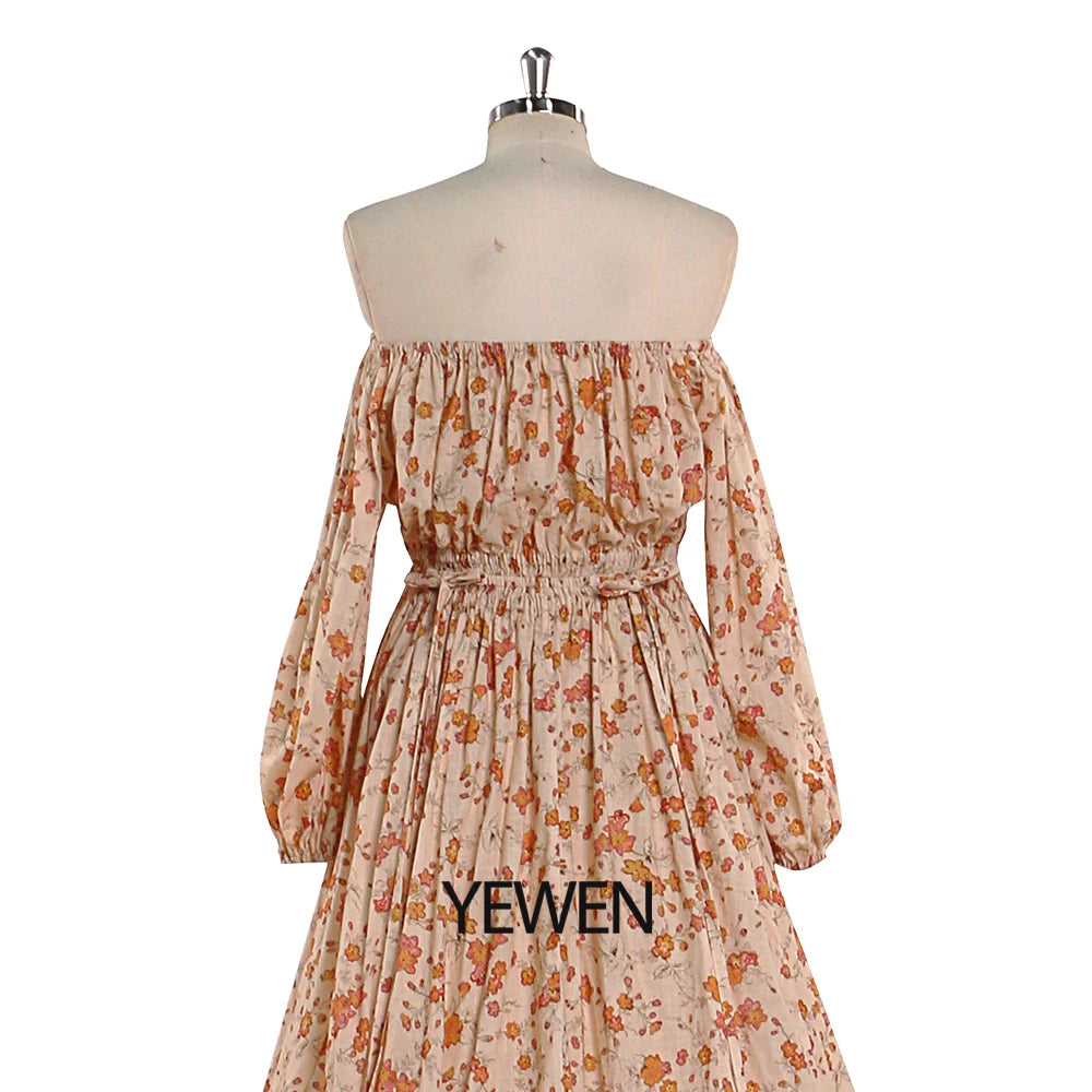 Off Shoulder Floral Print Cotton Fabric Boho Woman Maxi Photography Dress Maternity Photo Shoots Gowns SY21812