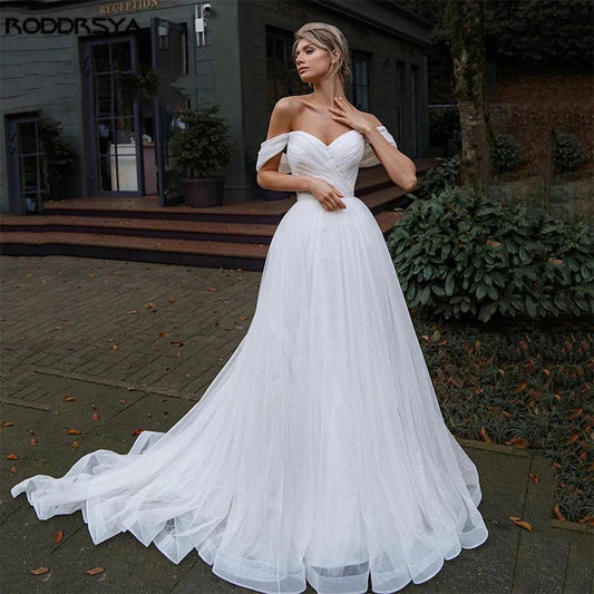 Off Shoulder Glitter Tulle Wedding Dresses Sweetheart Straps Bridal Gowns For Bride Robe De Mariée Beach Sweep Train For Women-payinti