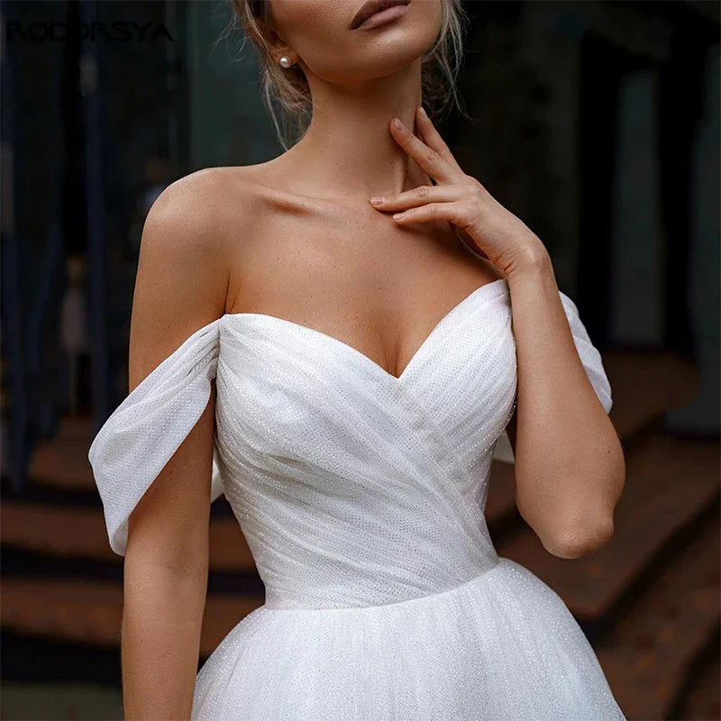 Off Shoulder Glitter Tulle Wedding Dresses Sweetheart Straps Bridal Gowns For Bride Robe De Mariée Beach Sweep Train For Women-payinti