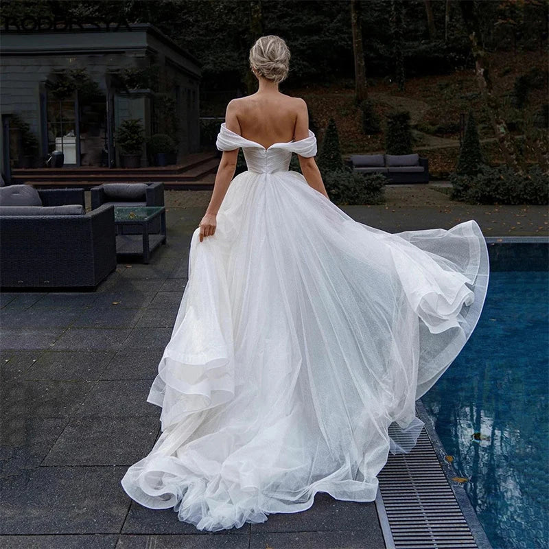 Off Shoulder Glitter Tulle Wedding Dresses Sweetheart Straps Bridal Gowns For Bride Robe De Mariée Beach Sweep Train For Women-payinti