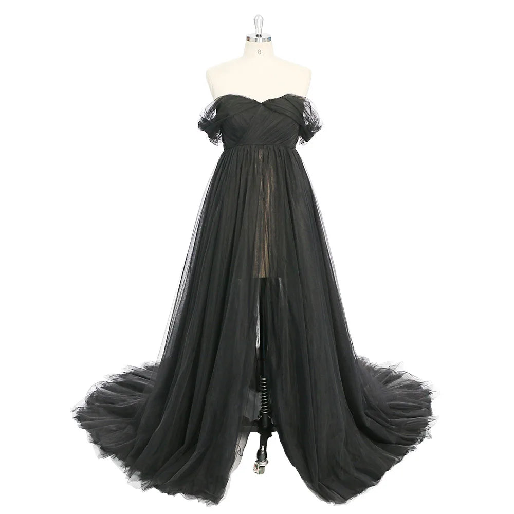 Schulterfreies, vorne offenes, schwarzes Umstandskleid für Fotografie, Schwangerschafts-Requisite, Maxikleid für Fotoshooting, Sunnderly SY231052 
