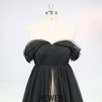 Schulterfreies, vorne offenes, schwarzes Umstandskleid für Fotografie, Schwangerschafts-Requisite, Maxikleid für Fotoshooting, Sunnderly SY231052 