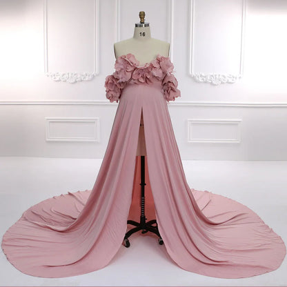 Off Shoulder Open Front Handmade 3D Flower Maternity Dress for Photo Shoot Baby Shower Pregnancy Photoshoot Dress Sunnderly