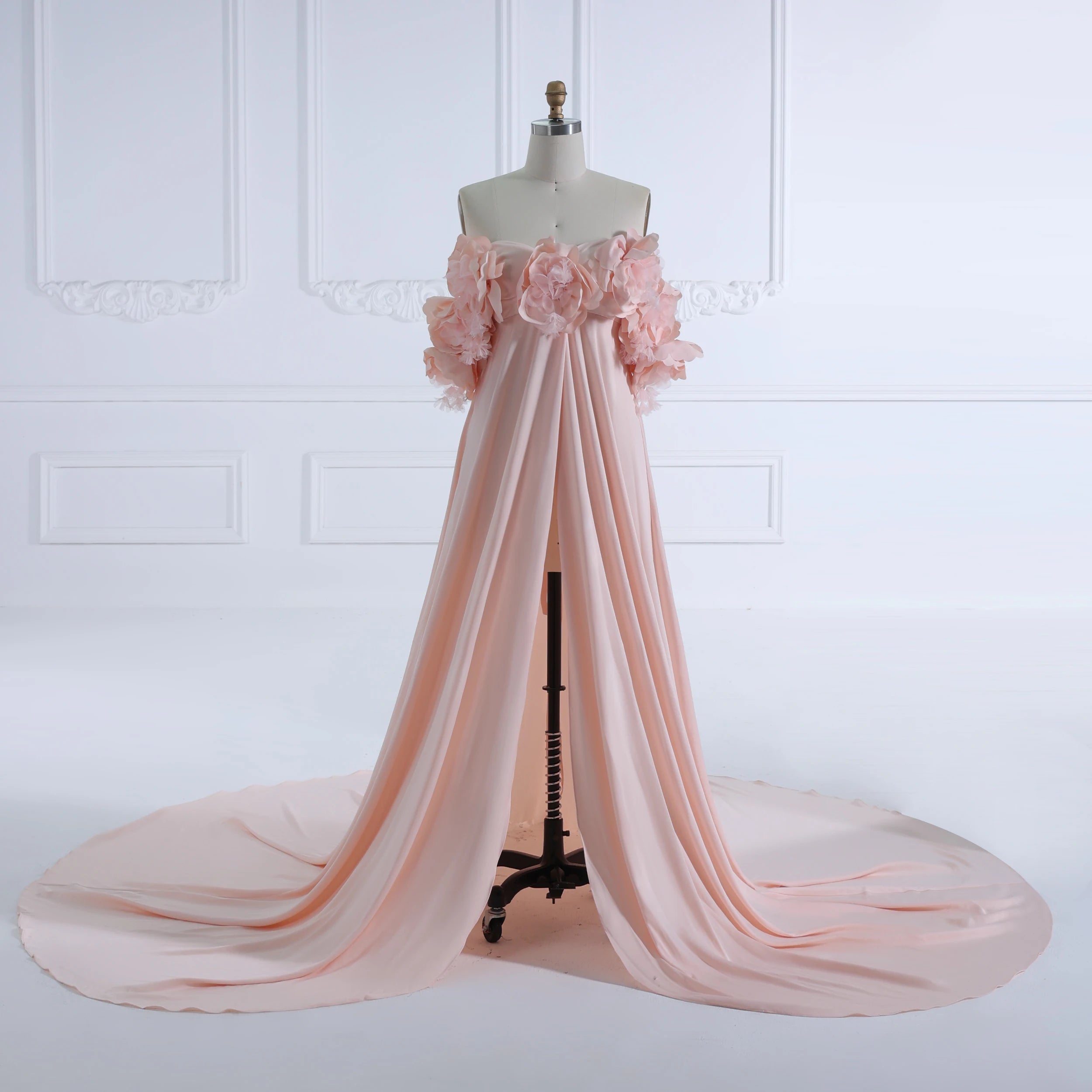 Sunnderly Umstandskleid mit schulterfreier Vorderseite und offener Vorderseite, handgefertigt, 3D-Blumen, für Fotoshooting, Babyparty, Schwangerschafts-Fotoshooting-Kleid 